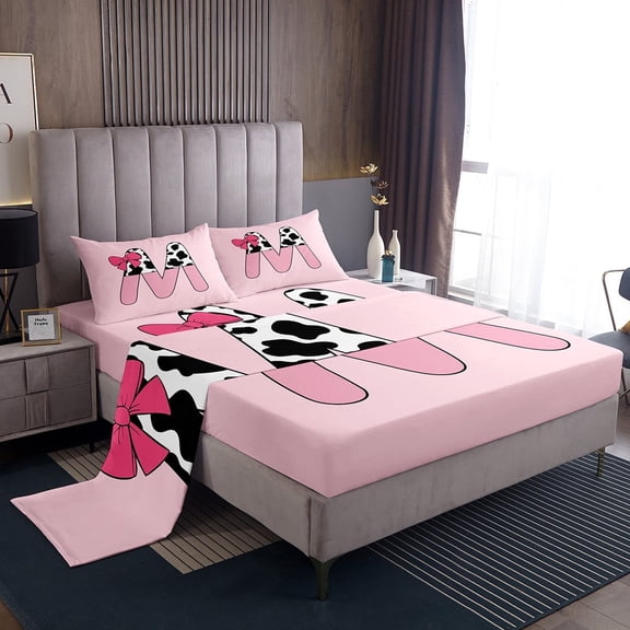 Erosebridal Initial Monogrammed Sheet Set Twin,Bowknot Cow Print Bedding Sets Twin Size,Breathable Bed Sheets Twin,Kawaii Room Decorative,3pcs