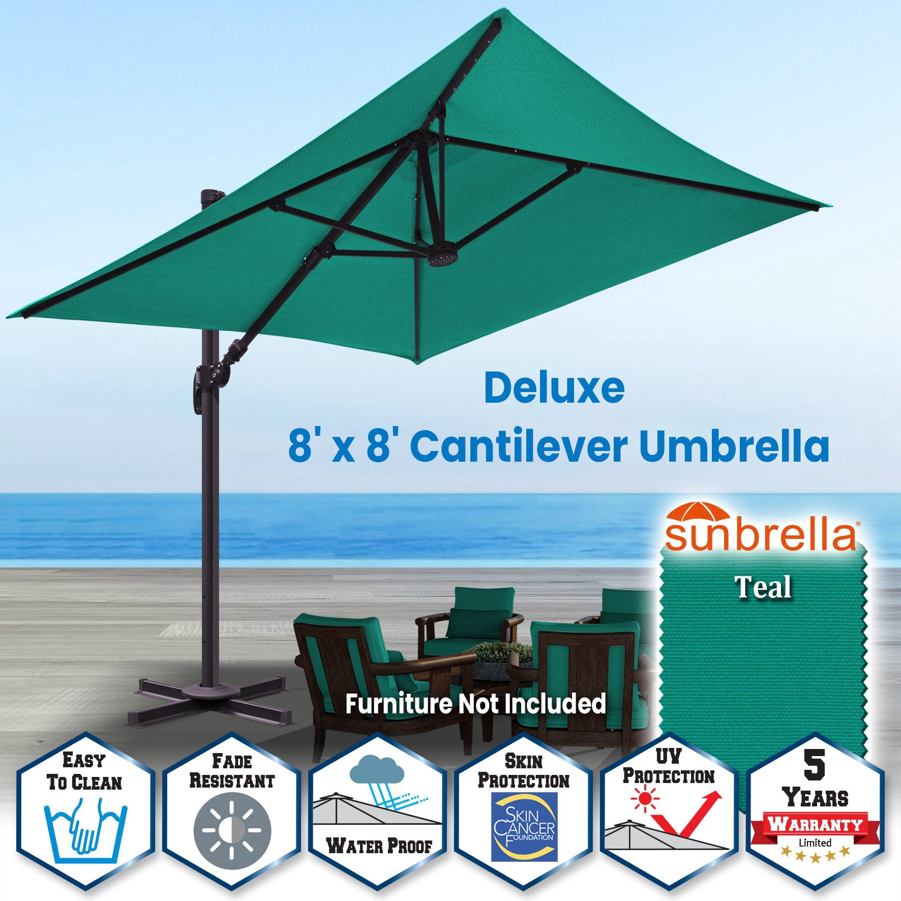SUNNYOUTDOOR 8'x8' Sunbrella Cover Umbrella Deluxe Cantilever Umbrella Outdoor Garden Patio Umbrella (Teal)