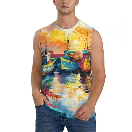 Haiem Men s Colorful Fishing Boats Print Tank Tops Summer Sleeveless Cut Off Workout T-Shirts Fitness Vest Athletic Undershirts-XX-Large
