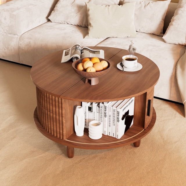 Table Basse Ronde de 30,7 Pouces avec Rangement, Table Basse Moderne avec Porte Coulissante Incurvée à 360°, Table Basse en Bois Cannelé avec Patins, Table Centrale Ronde pour Salon