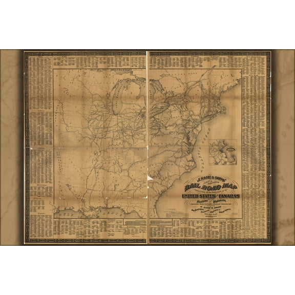 24"x36" Gallery Poster, railroad map United States & Canada 1858