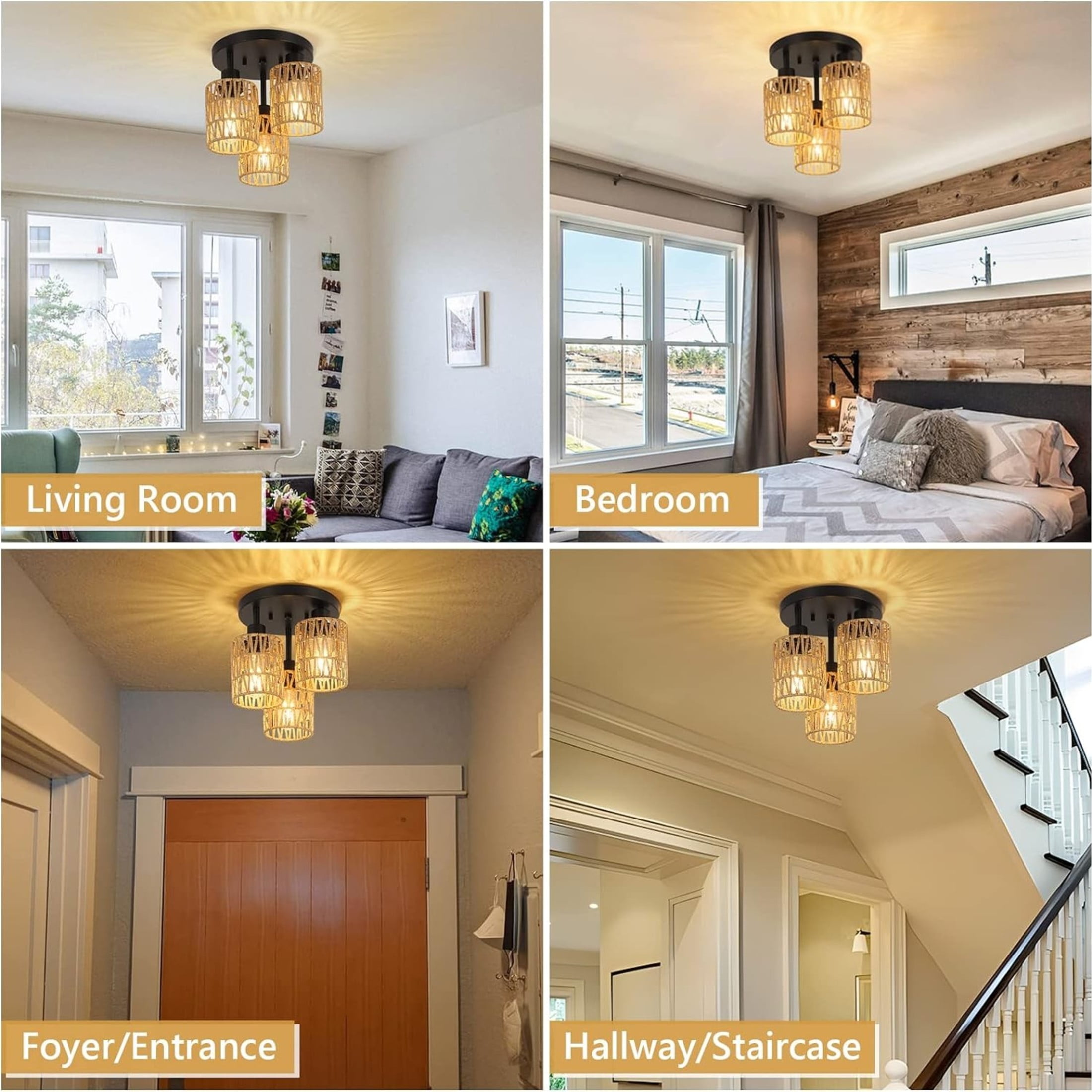 Noble House 10.6" Modern 3-Light Semi Flush Mount Ceiling Light, Hand-Woven Rattan, E26 Dimmable Boho Fixture, Brown