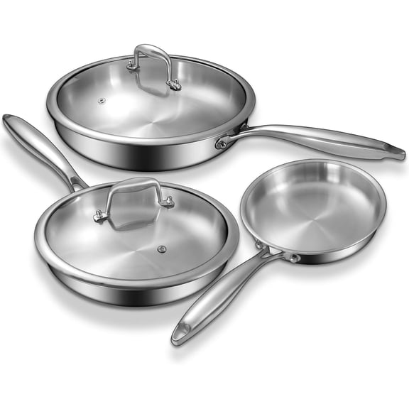 Tri-Ply Stainless Steel Frying Pans Set With Lid 8” 10” 12” Induction Cookware