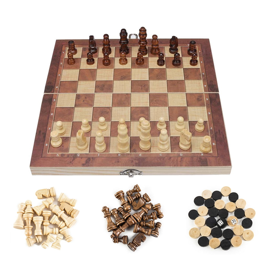 Large Wooden Chess & Checkers & Backgammon 3 in 1 Set No Magnetic Board Game Toy 