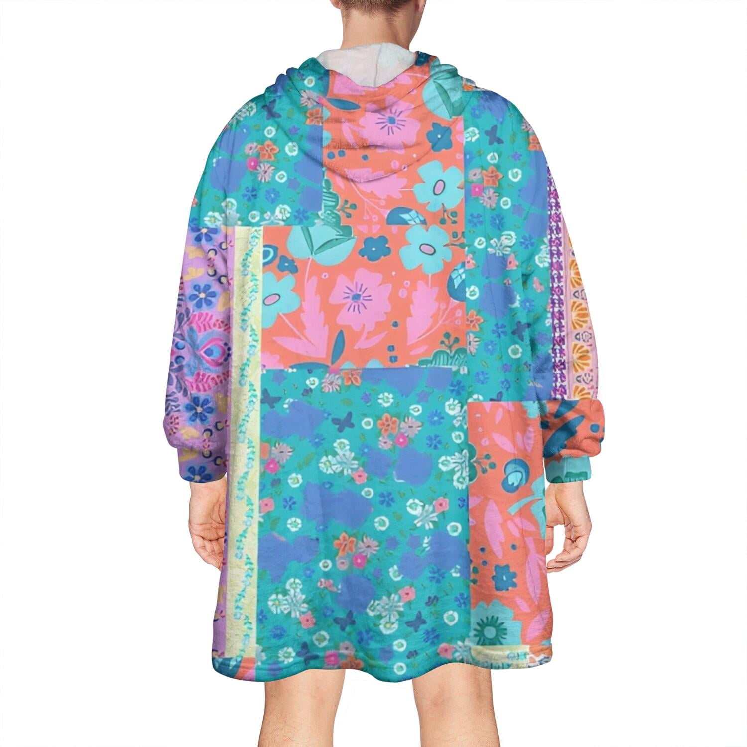 Wearable Oversized Blanket,Bohemian Pioneer Flower Patchwork Wearable Blanket Hoodie for Adults,Cozy Hooded Blankets with Super Pockets,Super Warm Fuzzy Pullover for Women & Men