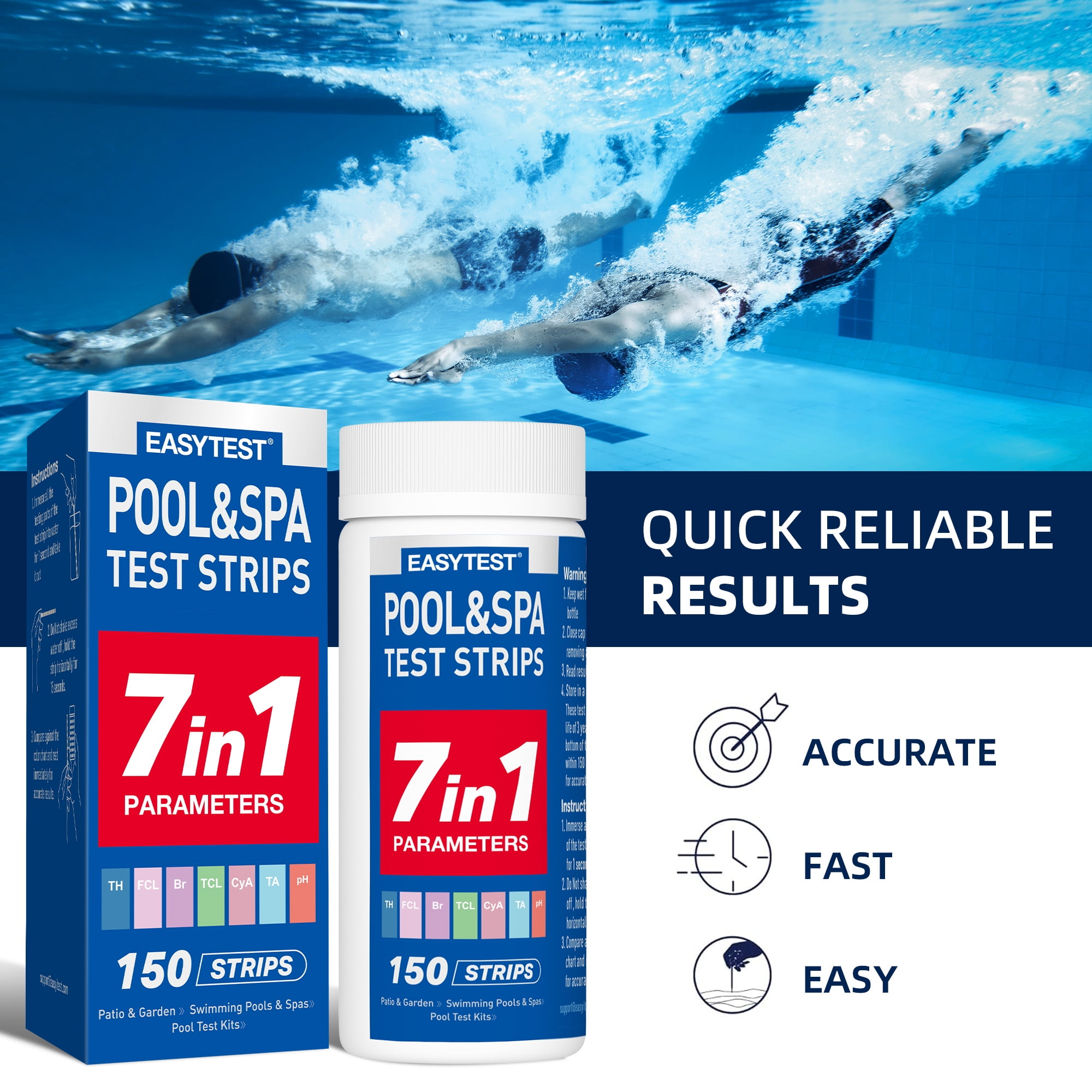 EASYTEST 7 in 1 Pool and Spa Test Strips, 150 Strips Fast and Accurate Water Quality Testing Kit for Swimming Pool and Hot tub, Strip Detects pH, Chlorine, Bromine, Total Hardness