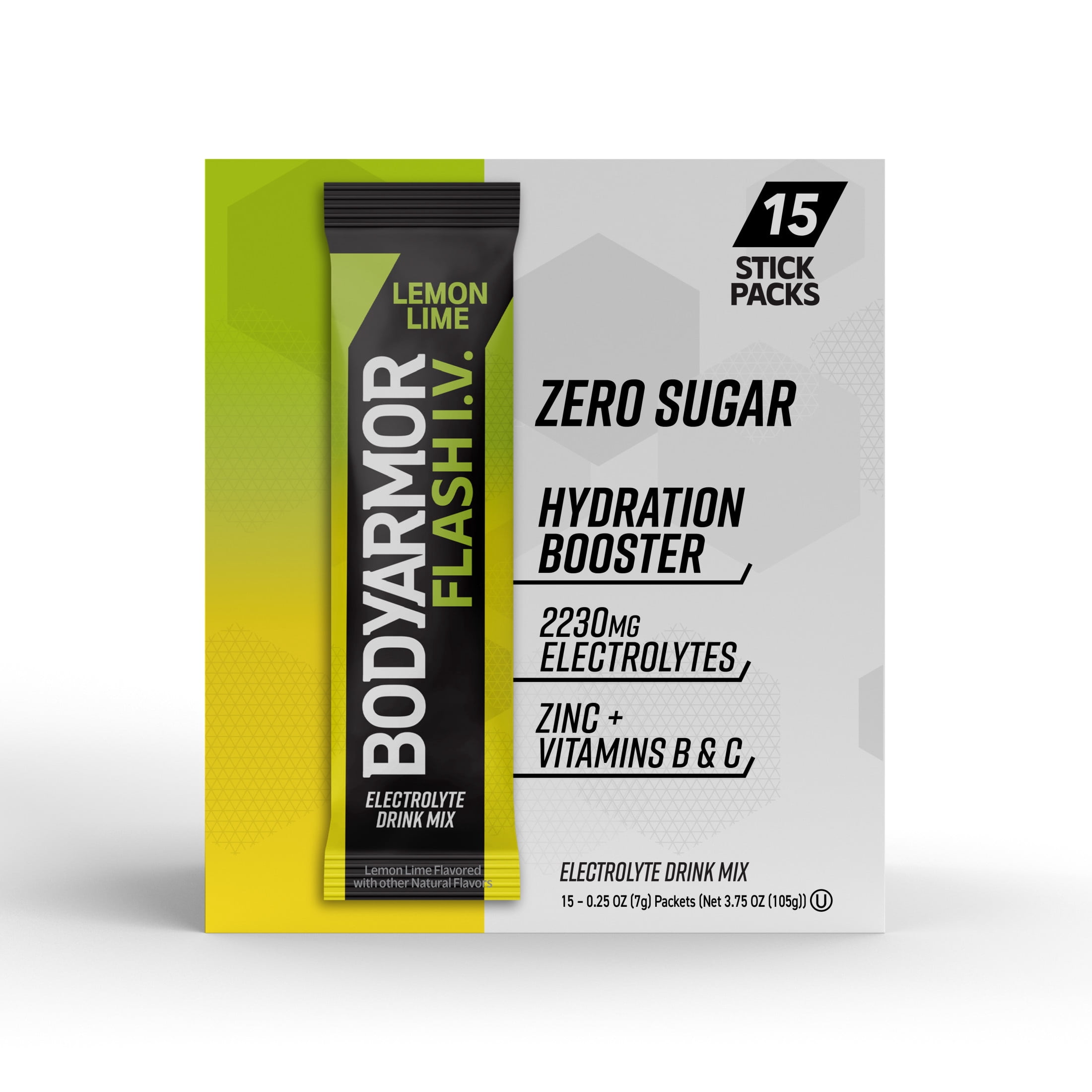 BODYARMOR Flash I.V. Lemon Lime Zero Sugar Electrolyte Powder Mix, 0.25 dry oz, 15 Pack
