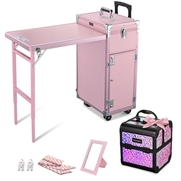 Byootique Kit de Table Roulante pour Ongles avec Trousse de Maquillage Organisateur Cosmétique Aluminium Rose