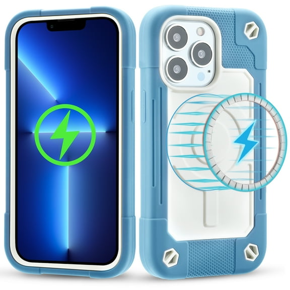 Heavy Duty Case for iPhone 13 Pro, Rugged PC Soft Silicone Shockproof Magnetic Triple-Layers Protective Cover Compatible with MagSafe Wireless Charging Military Grade Lens Protection Case,Blue