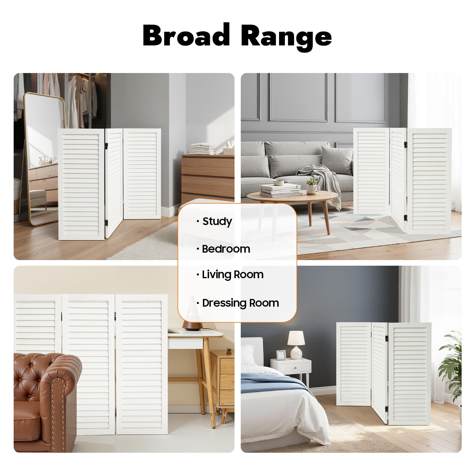 Wood Room Divider 3 Panel, Short Folding Privacy Screen 31.9in Tall, White Freestanding Room Partitions for Office, Bedroom, Home