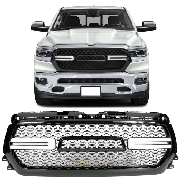 Ikon Motorsports Grille Compatible with 2019-2024 Dodge Ram 1500 LED DRL Front Bumper Hood Grill W/ Switchback Turn Signal - Gloss Black