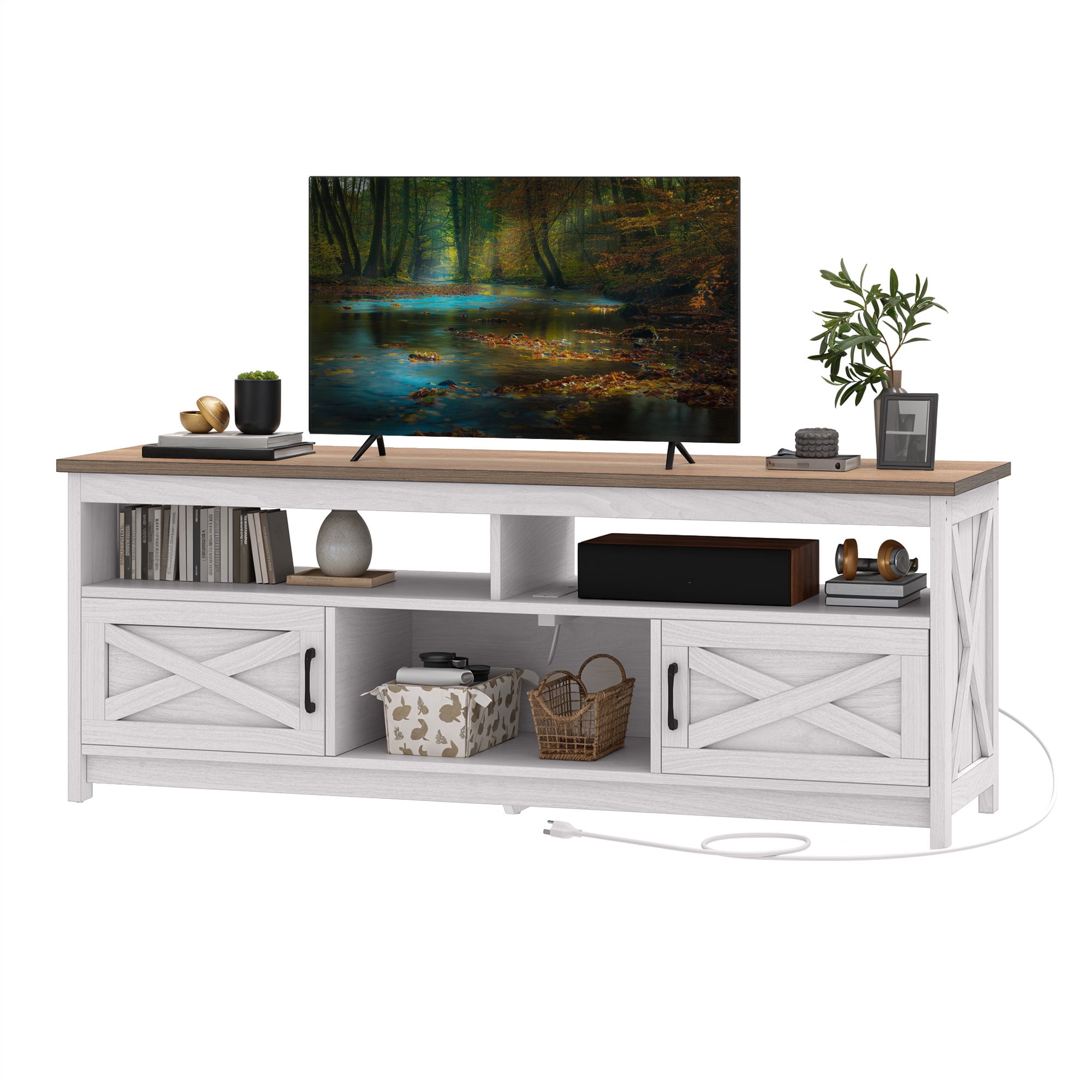Uforic 65 Inch Farmhouse TV Stand Fits 70/75 Inch Flat Screen TV with RGB Ambient Light, Cable Holes, Built-in Power Station & Multi Storage Space for Living Room, Beige+White