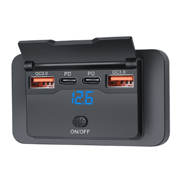 Cargador USB Dual PD + Dual QC3.0 de 4 Puertos de 12 V y 108 W con Voltímetro Digital, de Corriente, Adaptador de Panel