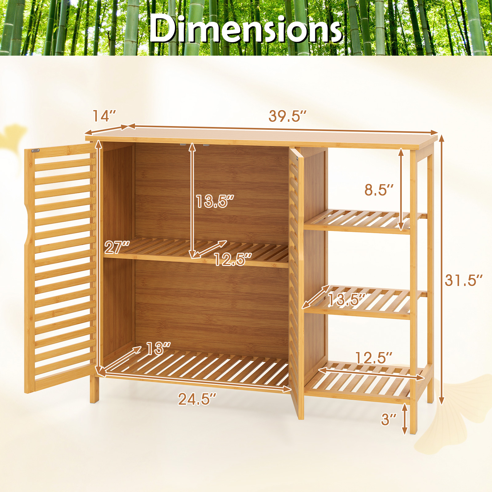 Giantex Bamboo Bathroom Cabinet, Freestanding Storage Unit w/3-tier shelf, 2-Door Storage Organizer Slatted Floor Cupboard