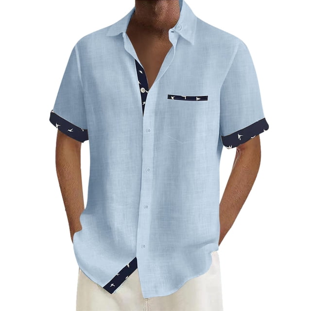 Camisas De Mezclilla Para Hombre Camisa de vacaciones en la playa Camisa de cárdigan de manga corta Camisa de solapa en contraste con botones en los puños para hombre (Blue, M)