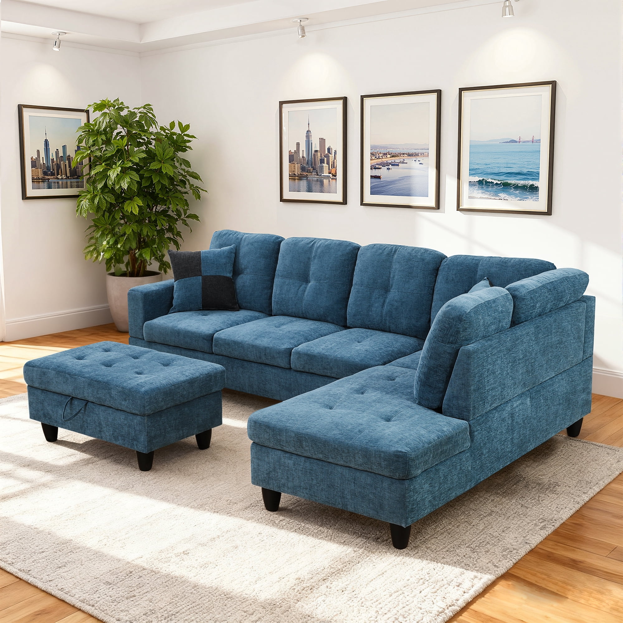 MAYEERTY 103.5 Inch Blue Flannel 3-Piece Living Room Sofa Set, Modern Soft Fabric Couch Furniture Set
