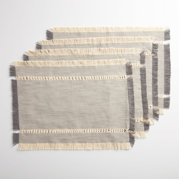 Better Homes & Gardens Woven Table Placemat with Fringe, Gray, 4 Piece set