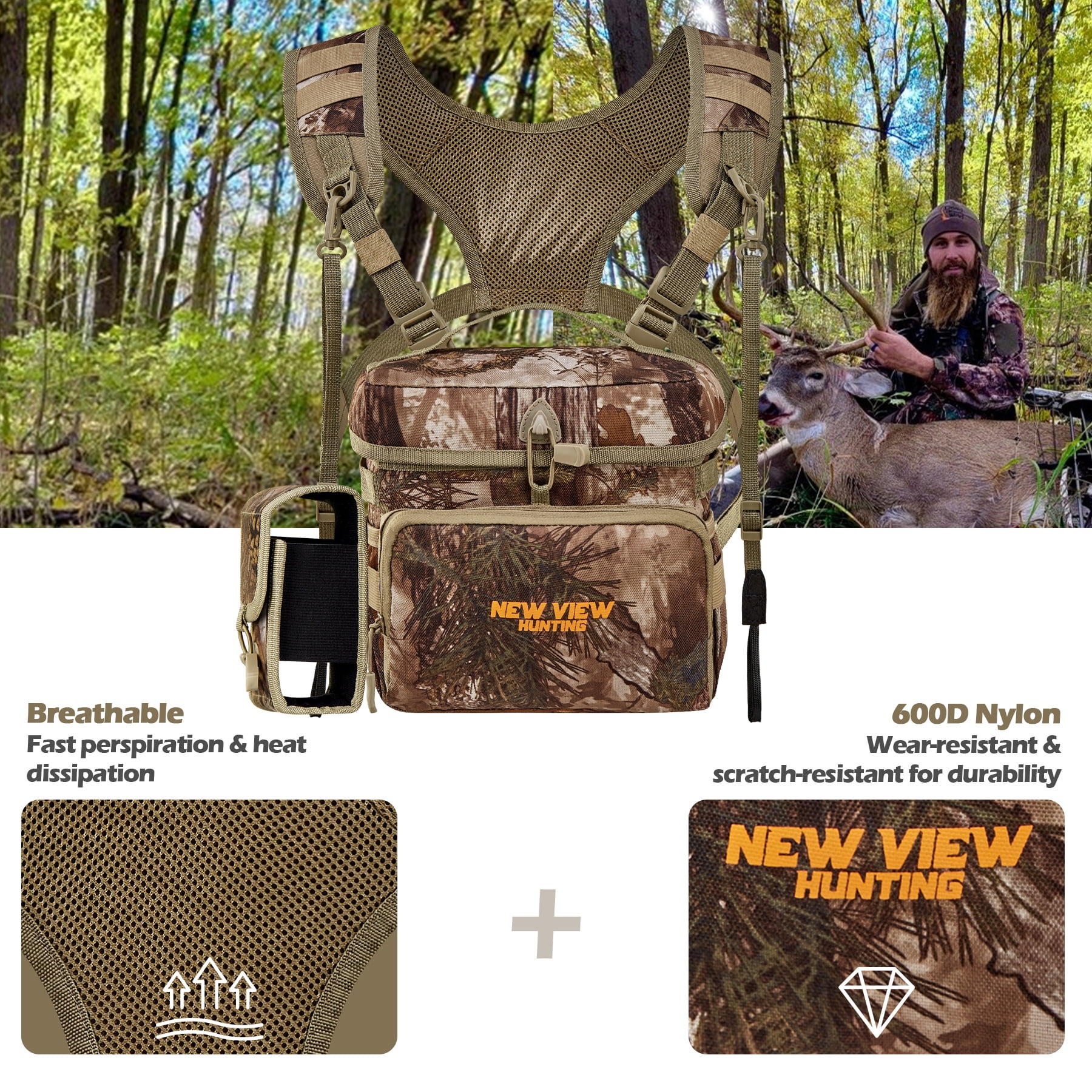 CamoRanger Ripstop Binocular Harness Chest Pack - Hunting Bino Case, Detachable Rangefinder Pouch, Adjustable Binos Harness, Rain Cove