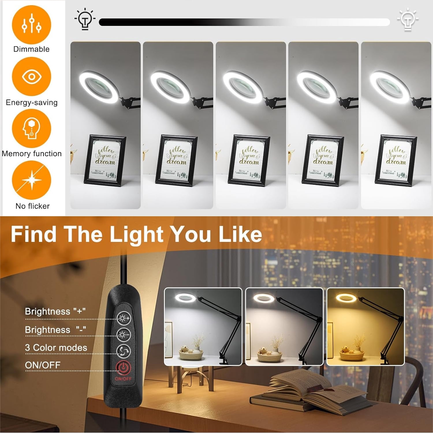 LED Magnifying Desk Lamp with Clamp, 5 Inch Real Glass Lens, 3 Color Modes Stepless Dimmable, 2-in-1 Stand & Clamp Mount, Hands Free for Close Work, Crafts & Hobby