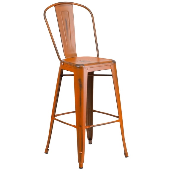 Bowery Hill 30" Metal Curved Slat Back Bar Stool in Distressed Orange