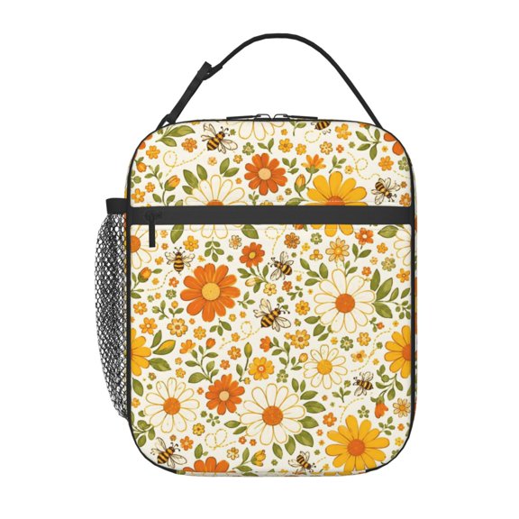 Bee Daisy Floral Lunch Bag Reusable Thermal Lunch Box with Handle for Women and Men