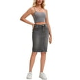 thumbnail image 2 of INSPIRE CHIC Women's Jean Skirts Raw Hem High Waisted Pockets Stretch Mid Length Denim Skirts M Gray, 2 of 6