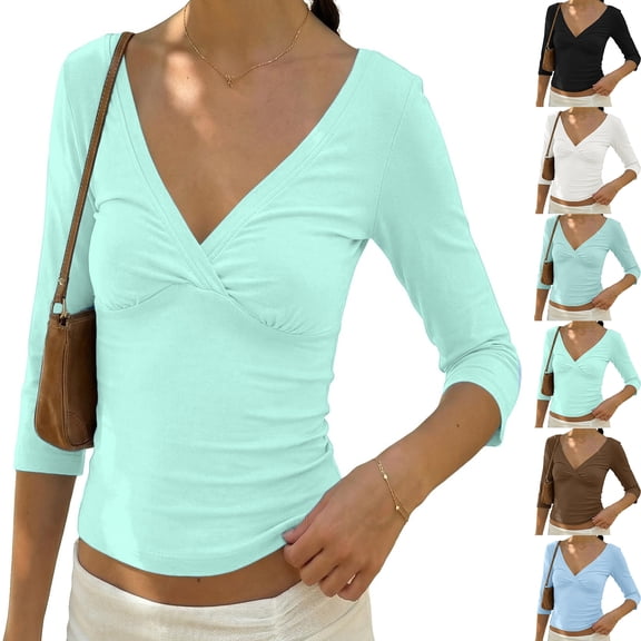 Women Vintage 3/4 Long Sleeve Wrap V Neck Tshirt Tops Slim Fit Open Back Y2k Girls Summer Going Out Tee Black M