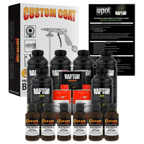 U-POL Raptor Dakota Brown Urethane Spray-On Truck Bed Liner Kit w/ FREE Custom Coat Spray Gun with Regulator, 6 Liters