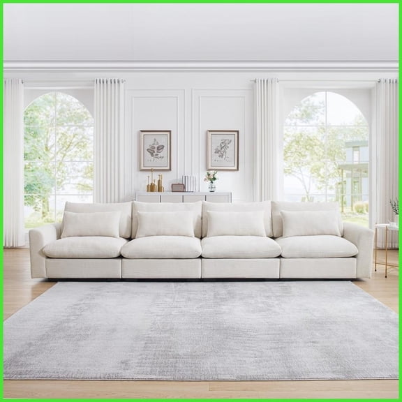 Modern Beige 4-Seater Deep Seat Corduroy Sofa with 4 Waist Pillows - Comfy Living Room Couch