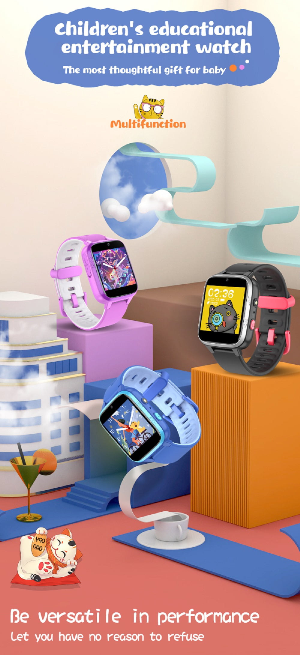 YUNOVA Y90 PRO Kids Smart Watch for Ages 5-12, IP67 Waterproof HD Touch Screen with Dual Camera, Music Player, 7 Educational Games & Pedometer, Durable Silicone Strap Birthday Gift for Boys Girls