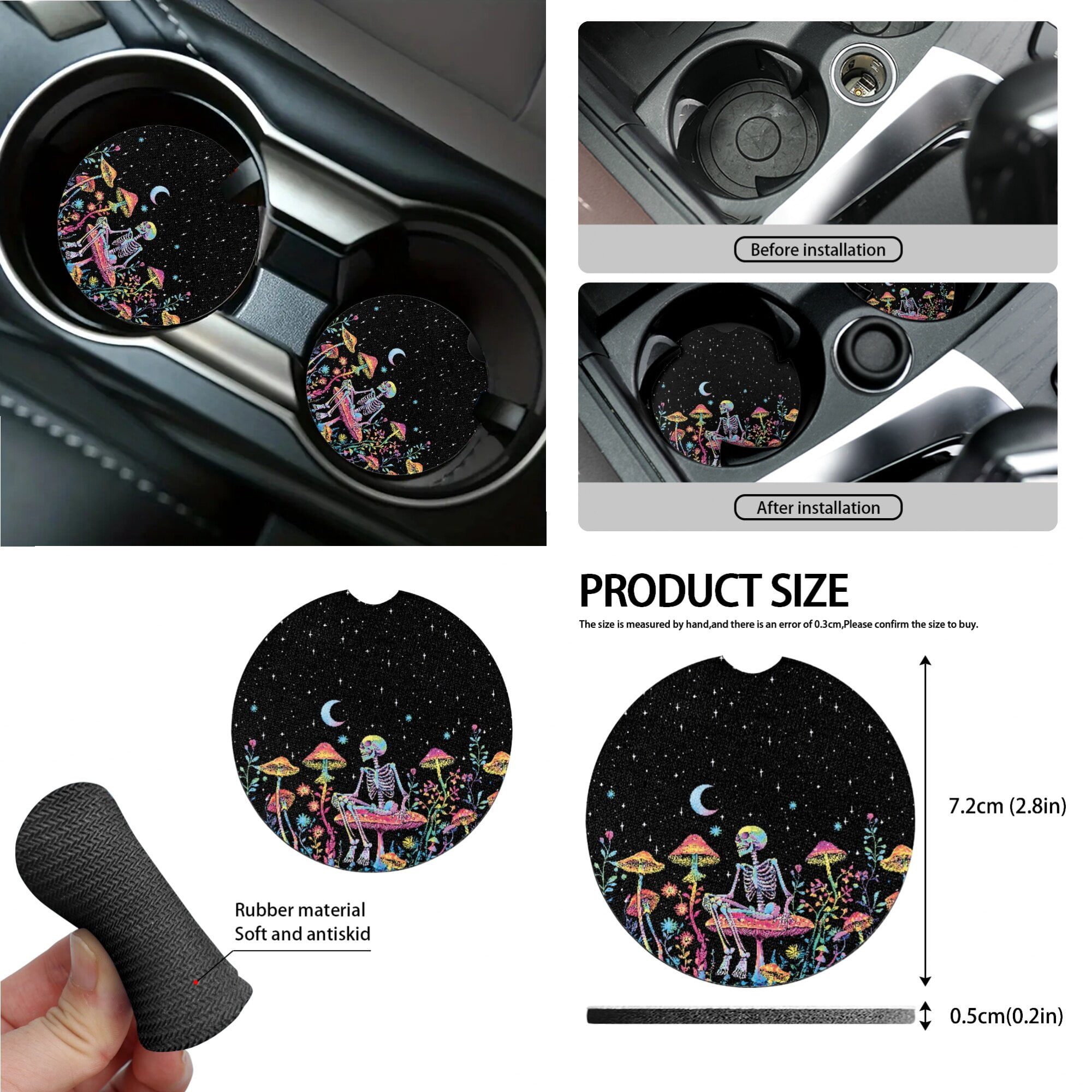 LedBack Skeleton Mushroom Print Auto Seat Covers Set Star Moon Print Front Back Seat Covers Steering Wheel Cover Seatbelt Pads Rearview Mirror Cover Trash Bag Universal Fit Most Cars