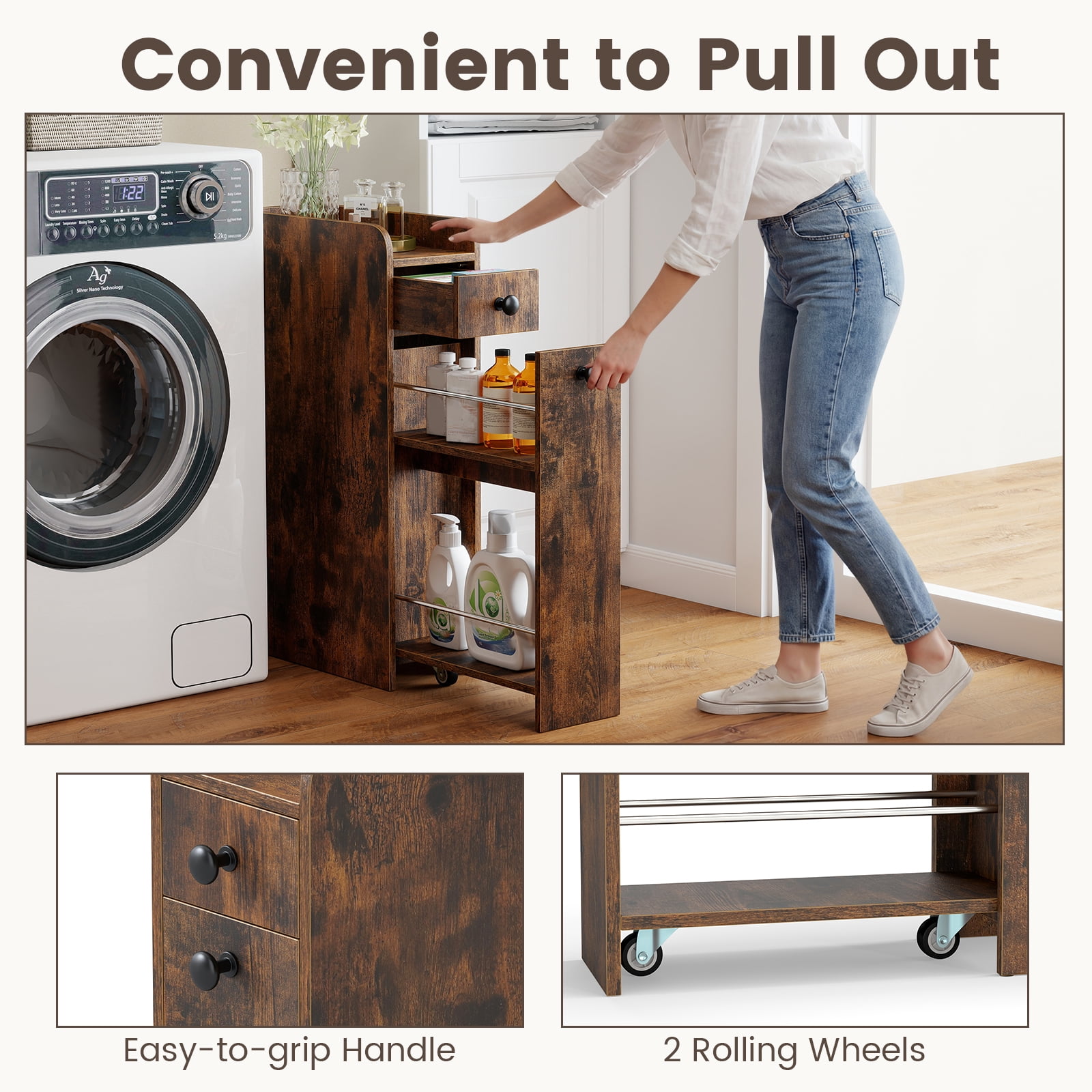 Costway Slim Bathroom Storage Cabinet with Slide Out Drawer Spacious Top Rolling Wheels Rustic Brown