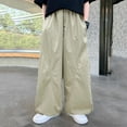 thumbnail image 4 of LIIPEE Girl Boy Casual Pants Solid Color Baggy Elastic Waist Drawstring Straight Wide Leg Trousers With Pockets Girls Trendy Weekend Pants,Khaki,11-12 Years, 4 of 5