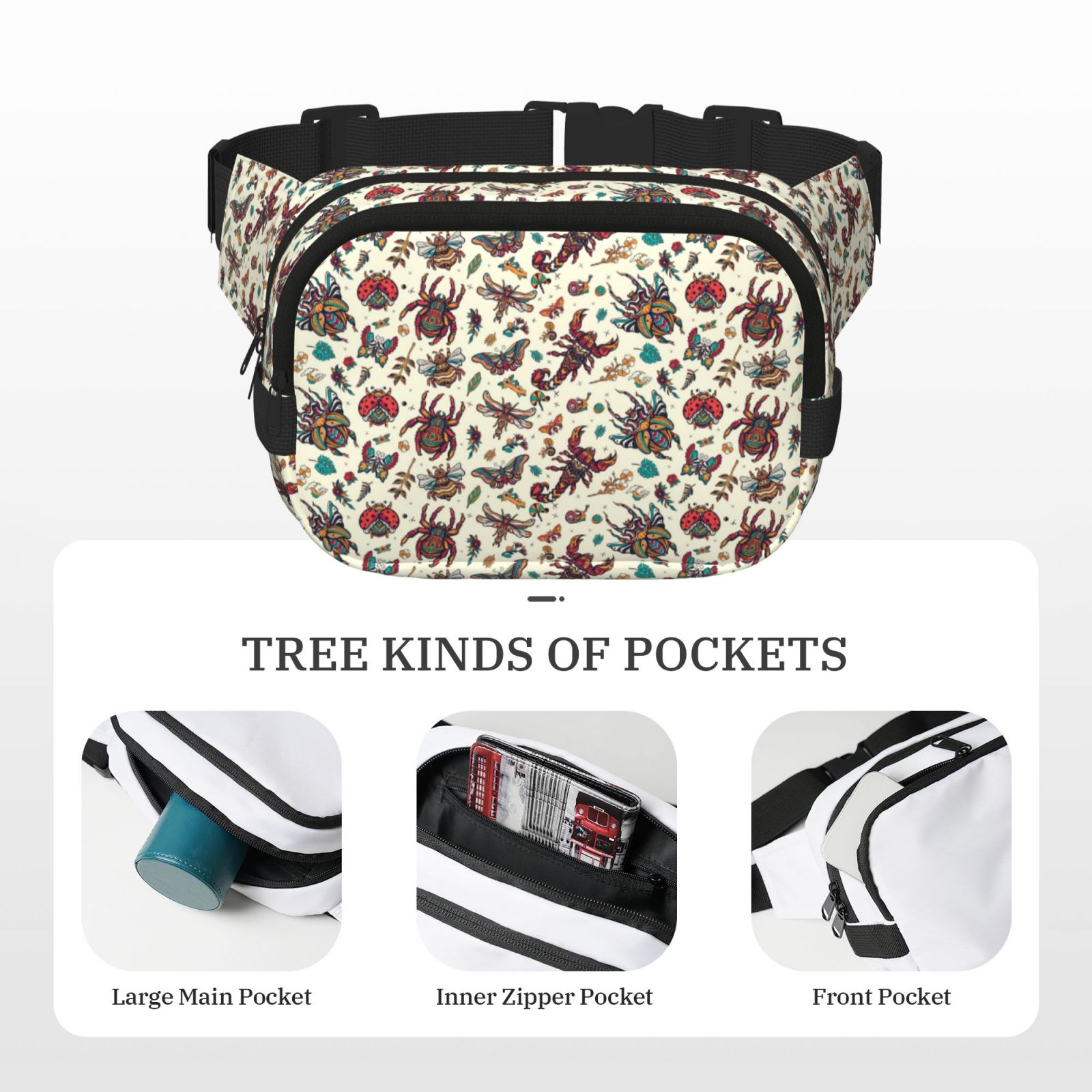 Picia Insects A Print Square Double-Layer Waist Bag Mini Adjustable Waist Belt Bag Exercise Running Travel Hiking