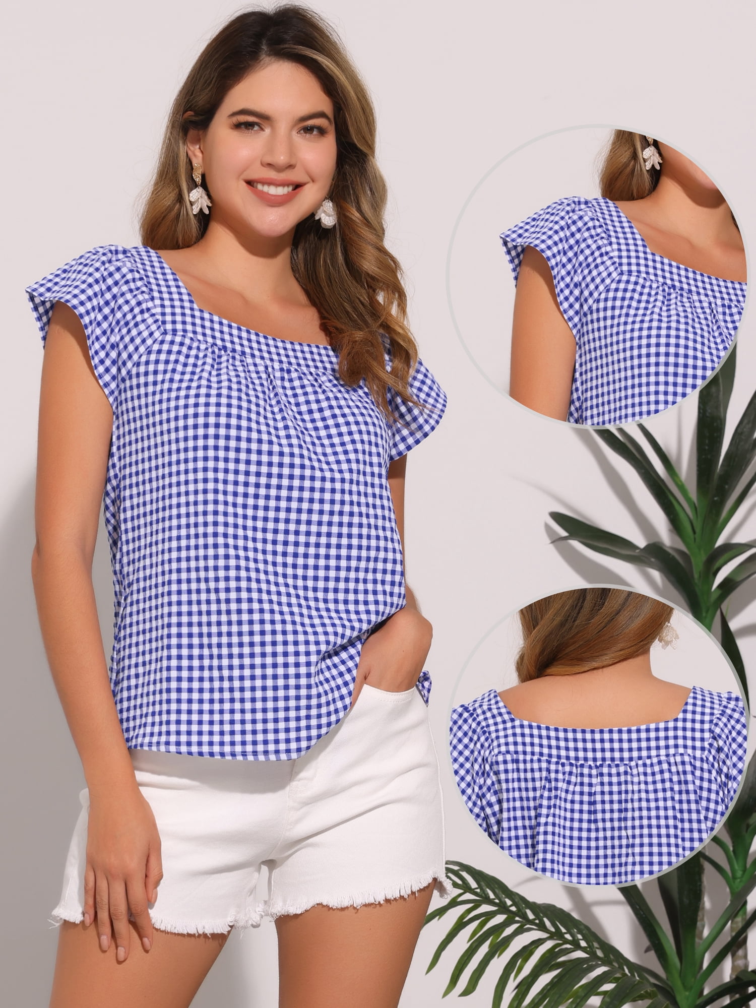 DARING DIVA Women's Cute Cap Sleeve Square Neck Plaid Blouses S Blue White
