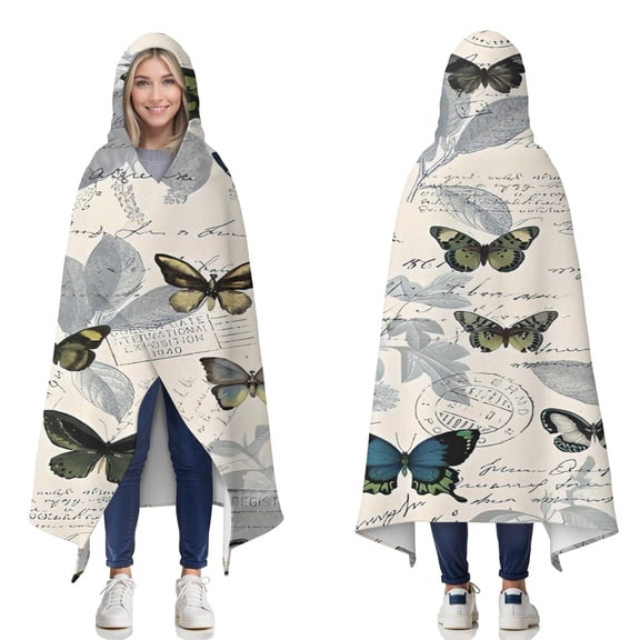 Wearable Blanket,Butterfly Text Leaf Pattern Hooded Wearable Flannel Blanket for Adults & Teens,Winter Poncho Shawl Wrap Cape Cozy Anti-Pill,50"x60"