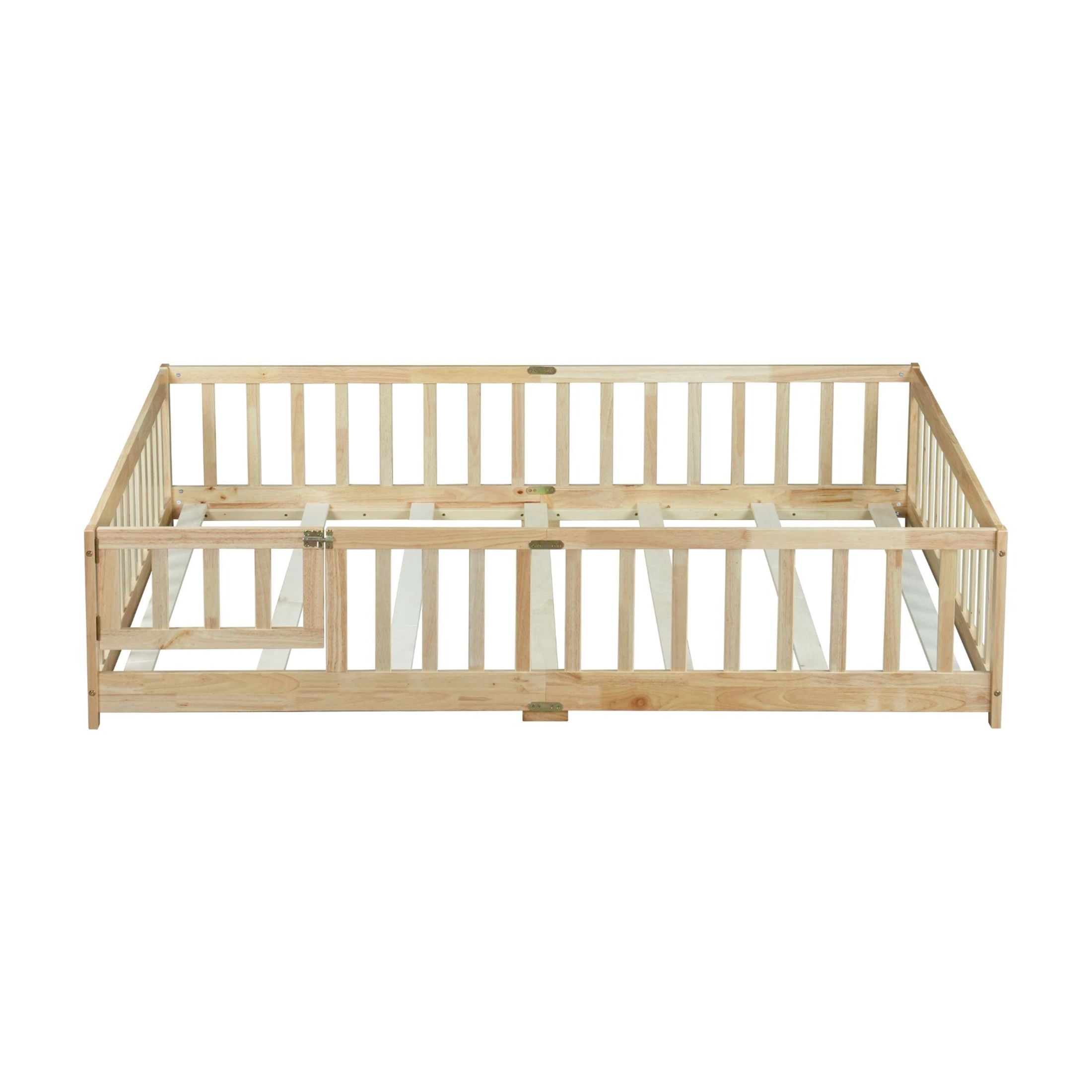 Noble House Corvel Full Size Rubber Wooden Floor Bed with Safety Guardrails & Latching Fence Door, Natural