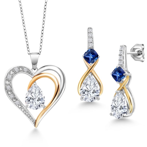 Gem Stone King 925 Sterling Silver and 10K Yellow Gold White Moissanite Blue Created Sapphire and White Lab Grown Diamond Pendant Necklace Earrings Set for Women (4.21 Cttw, with 18 inch Chain)