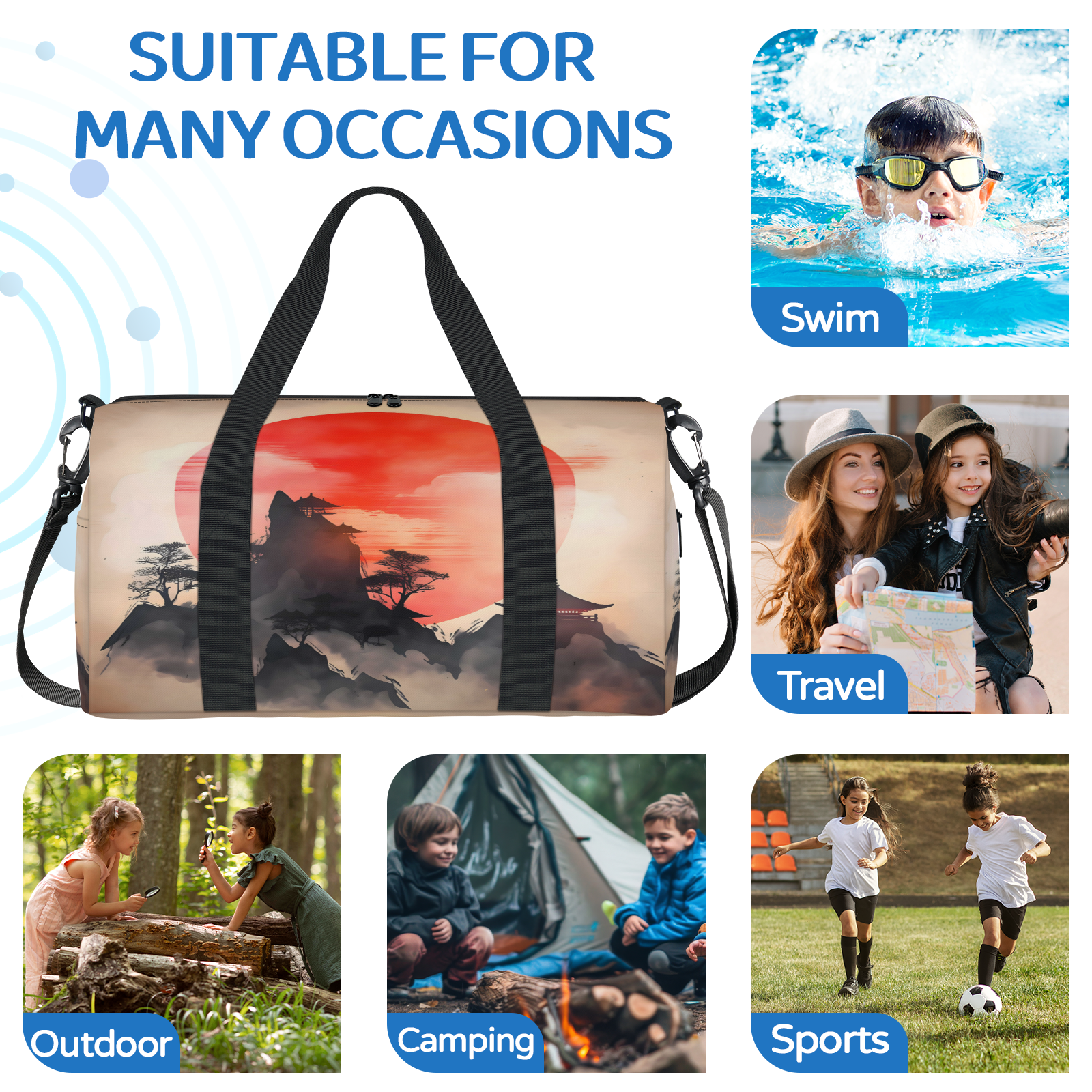 Herdesigns Japanese Chinese Oriental Art Gym Bag for Women, Duffle Bag for Travel Sport, Lightweight Waterproof Carry on Weekender Overnight Dance Yoga Workout Bags