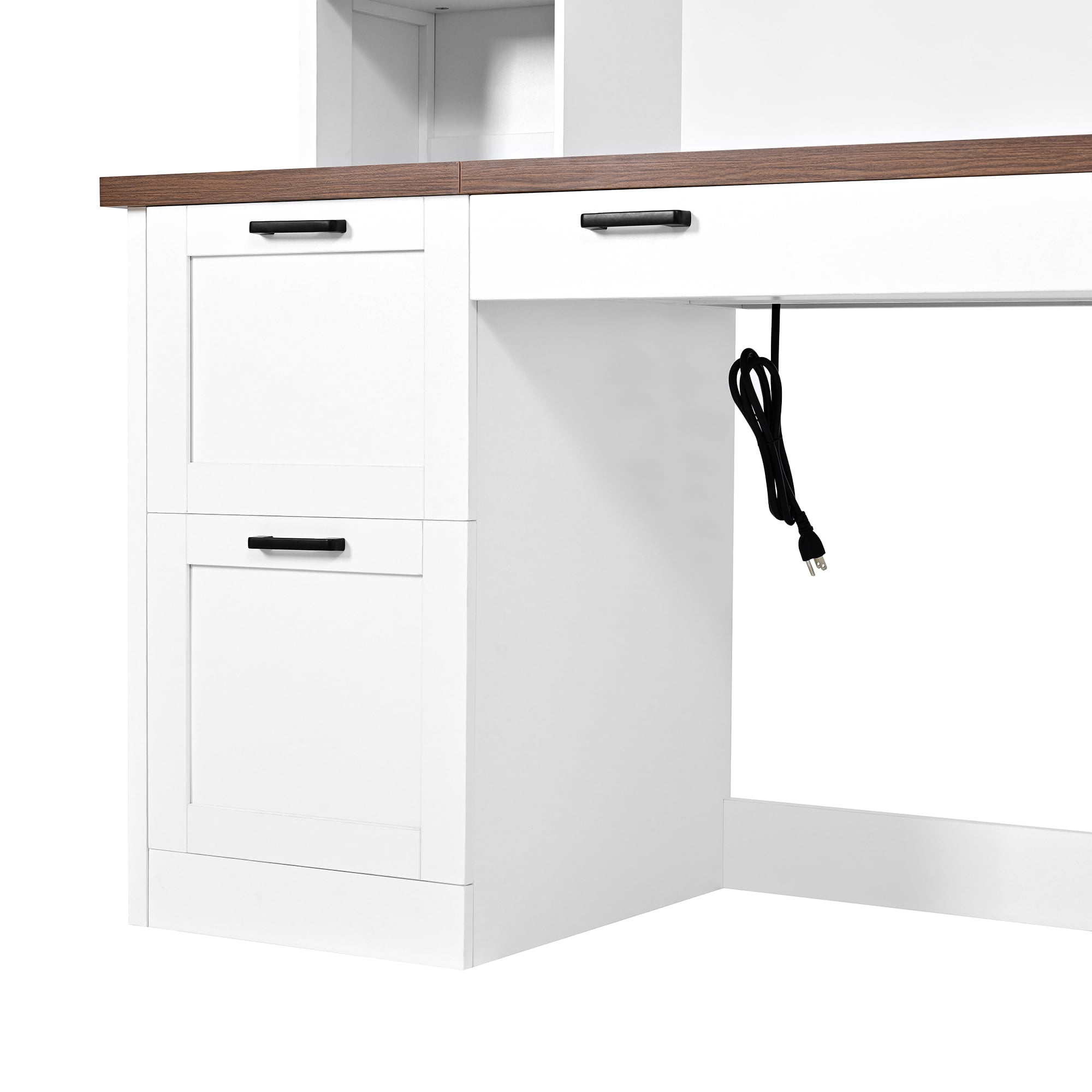 Farmhouse Arched Computer Desk with Hutch, Mid-Century Walnut Home Office Workstation with Charging Station & Keyboard Tray, All-in-One Writing Desk with File Drawer for Study, Office, White