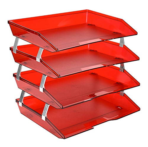 Acrimet Facility 4 Tier Letter Tray Side Load Plastic Desktop File Organizer (Clear Red Color)