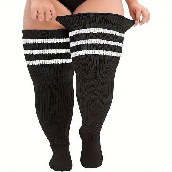 Plus Size Thigh High Socks for Thick Thighs - 35” Black & White Striped Non-Slip Ribbed Knit Over-the-Knee Socks