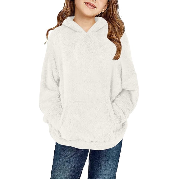 GiLiling Girls Fleece Pullover Hoodie, Kids Winter Warm Fuzzy Sherpa Hooded Sweatshirt, Teen Toddler Cute Cozy Sweater Jacket Top (White, 3-4 Years)