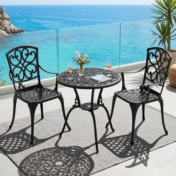 Nuu Garden 3-Piece Outdoor Bistro Set, Round 23.8 Inch Cast Aluminum Bistro Table with Umbrella Hole and 2 Cast Aluminum Bistro Chairs, for Patio, Garden, Backyard and Balcony, Black