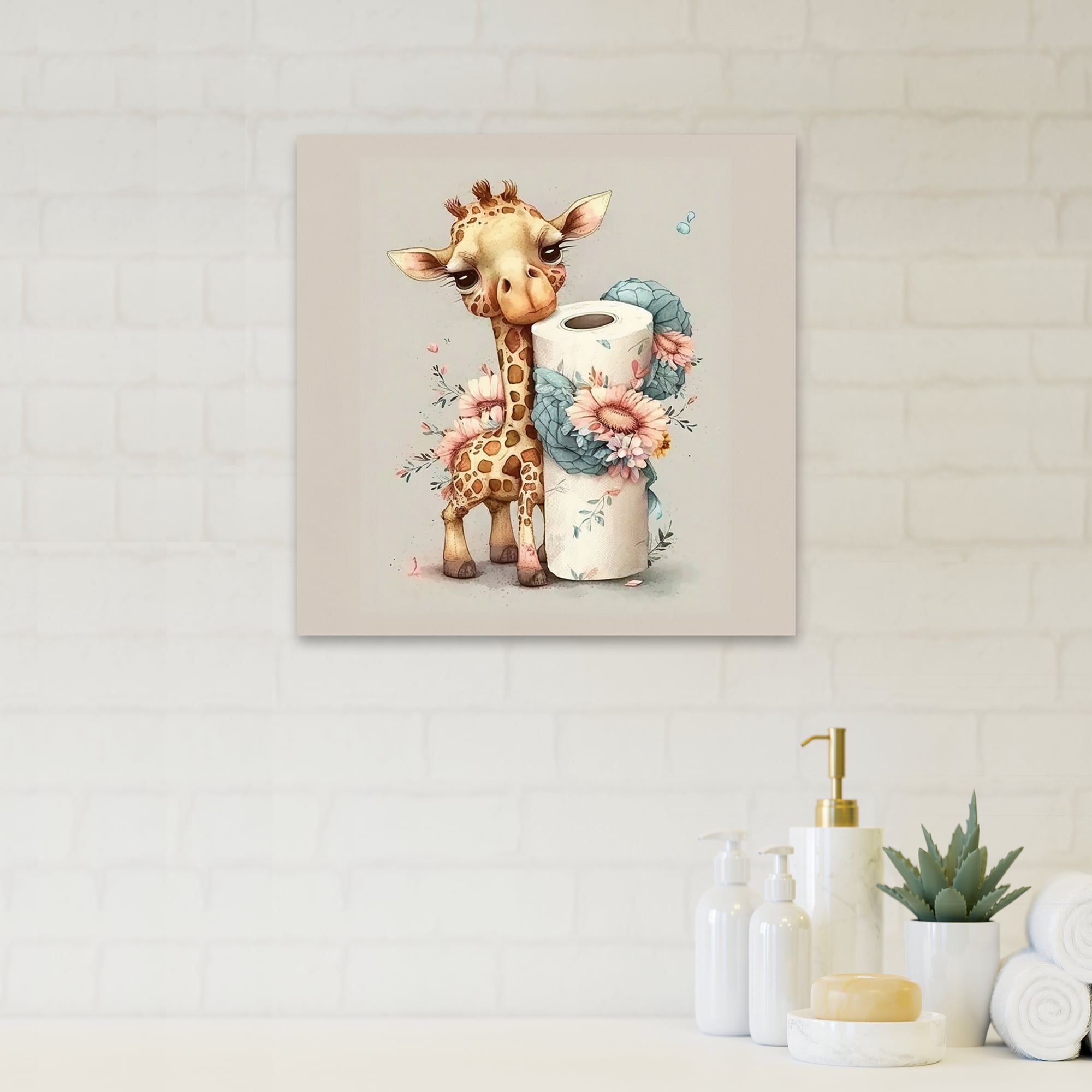 Designart Giraffe Building A Tower Of Toilet Paper Canvas Wall Art