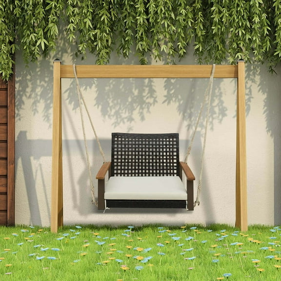 Costway PE Rattan Hanging Outdoor Single Chair Porch Swings with Cushion, Mix Brown/Off White