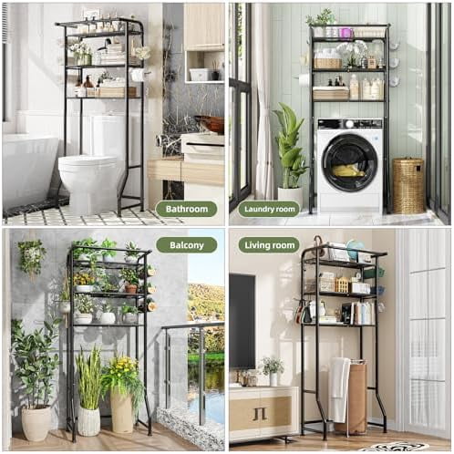 Over The Toilet Storage Cabinet, Metal Bathroom Shelf Organizer with Paper Holder and Hooks, 3 Tier, Black