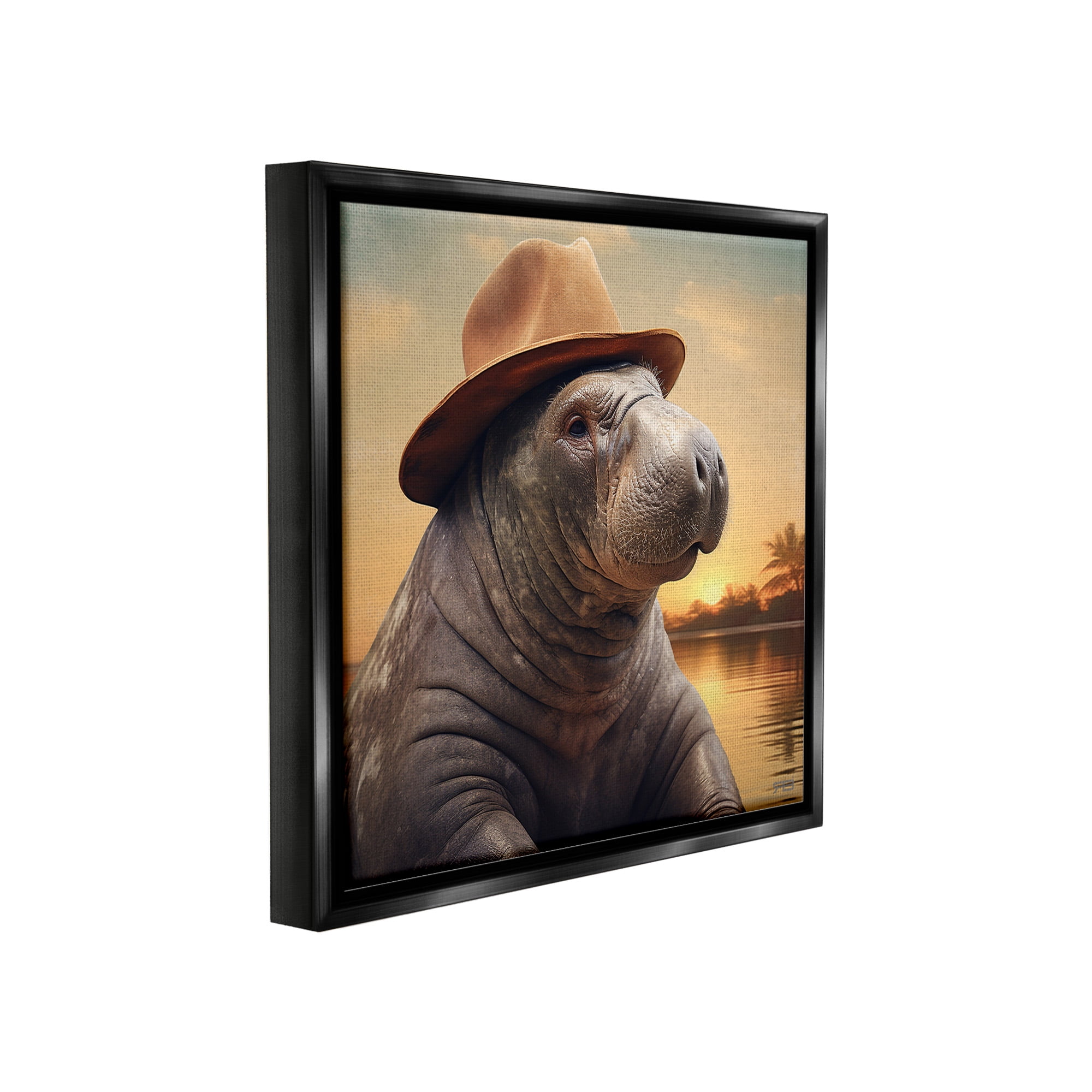 Stupell Industries Tropical Manatee at Sunset Animals & Insects Painting Black Floater Framed Canvas Art Print Wall Art, 18 x 18