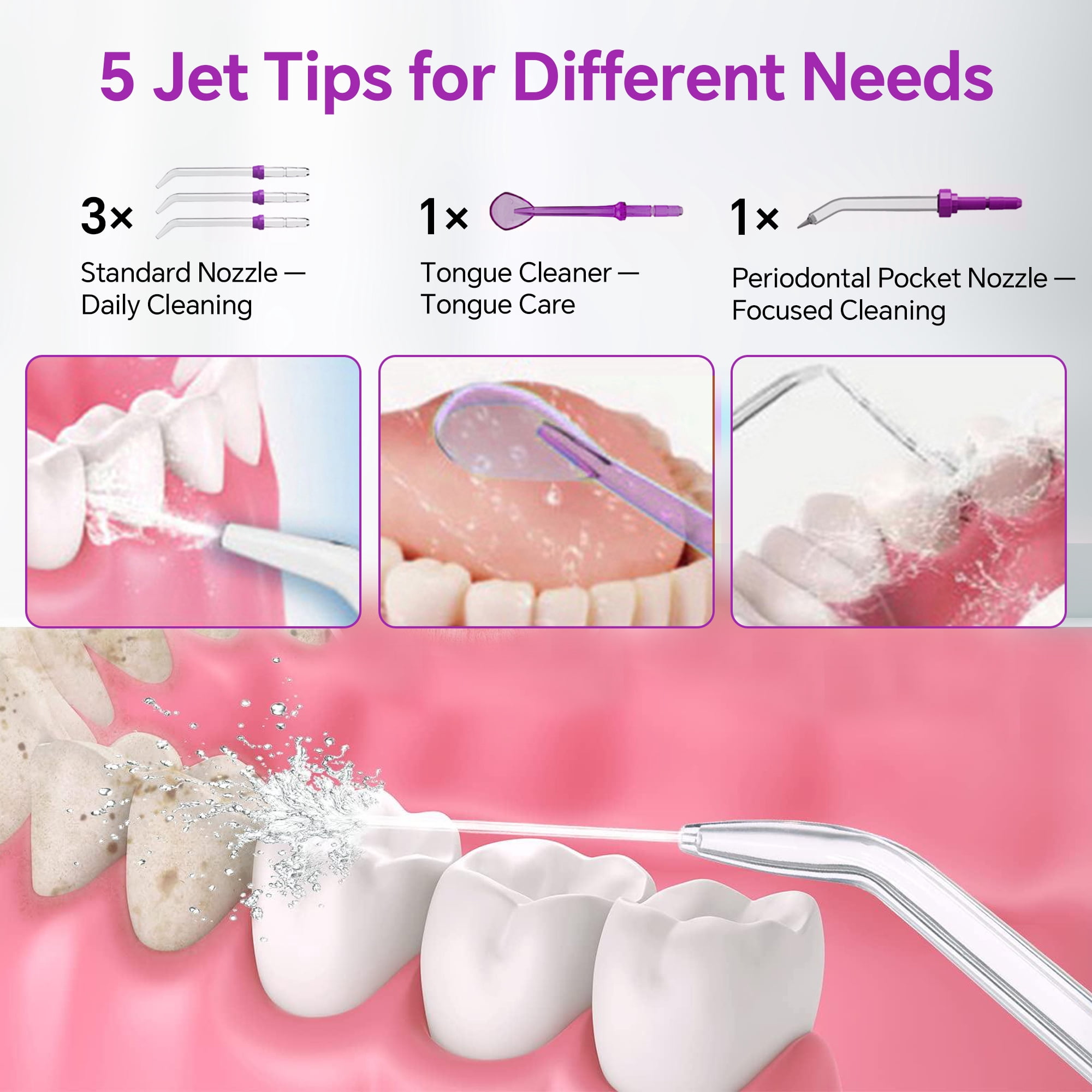 GENKENT Water Flosser for Teeth Cleaning, 800ml Large Tank Oral Irrigator for Home Use, 10 Pressure Modes with 5 Jet Tips, Purple