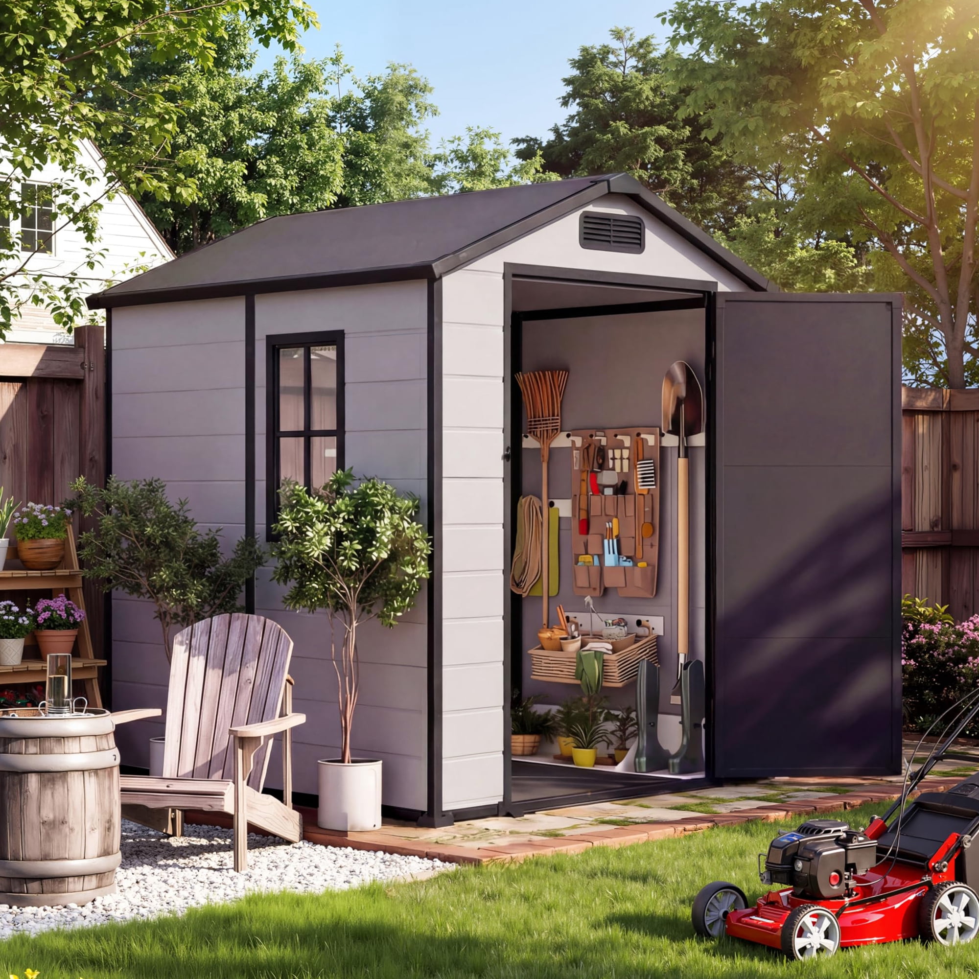 4x6Ft Plastic Outdoor Storage Shed with Floor & Window, Resin Garden Shed with Lockable Door, 2 Vents & Sloped Roof for Store Patio Furniture, Garden Tools